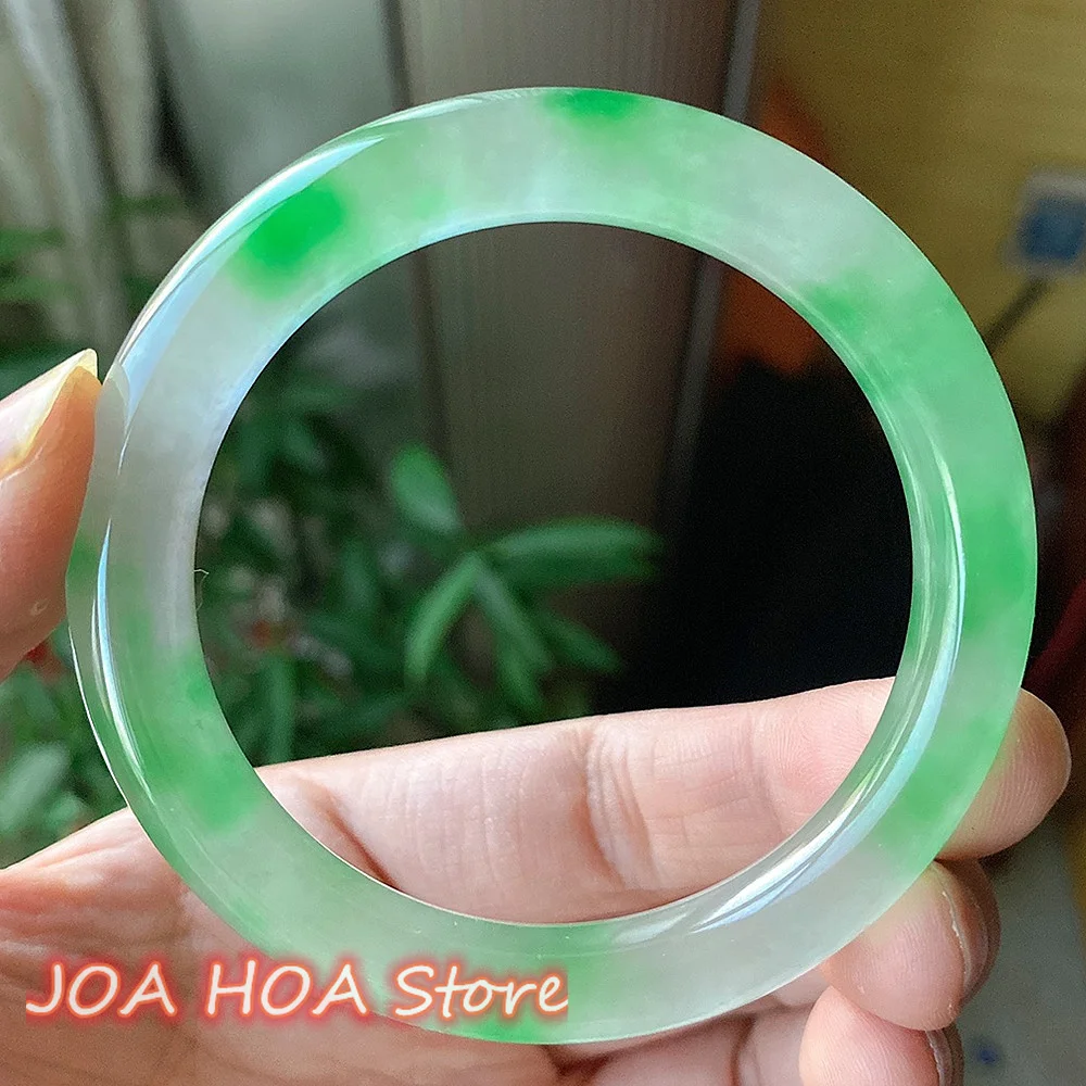 

Superior Quality Jadeite Ice Green Round Jade Bangle Original Ecological Pattern Floating Flower Bracelet Fine Handring Jewelry