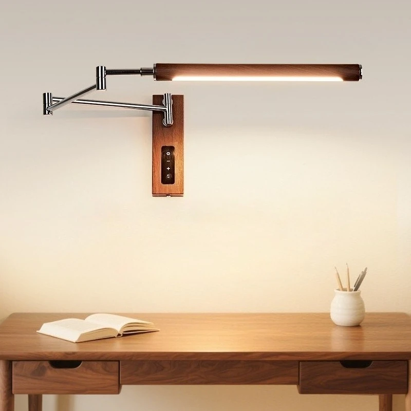 French Vintage Style Swing Arm Wall Lamp Plug-in Wood Grain Metal Led Lighting Studio Reading Lights Bedroom Foyer Deocrative