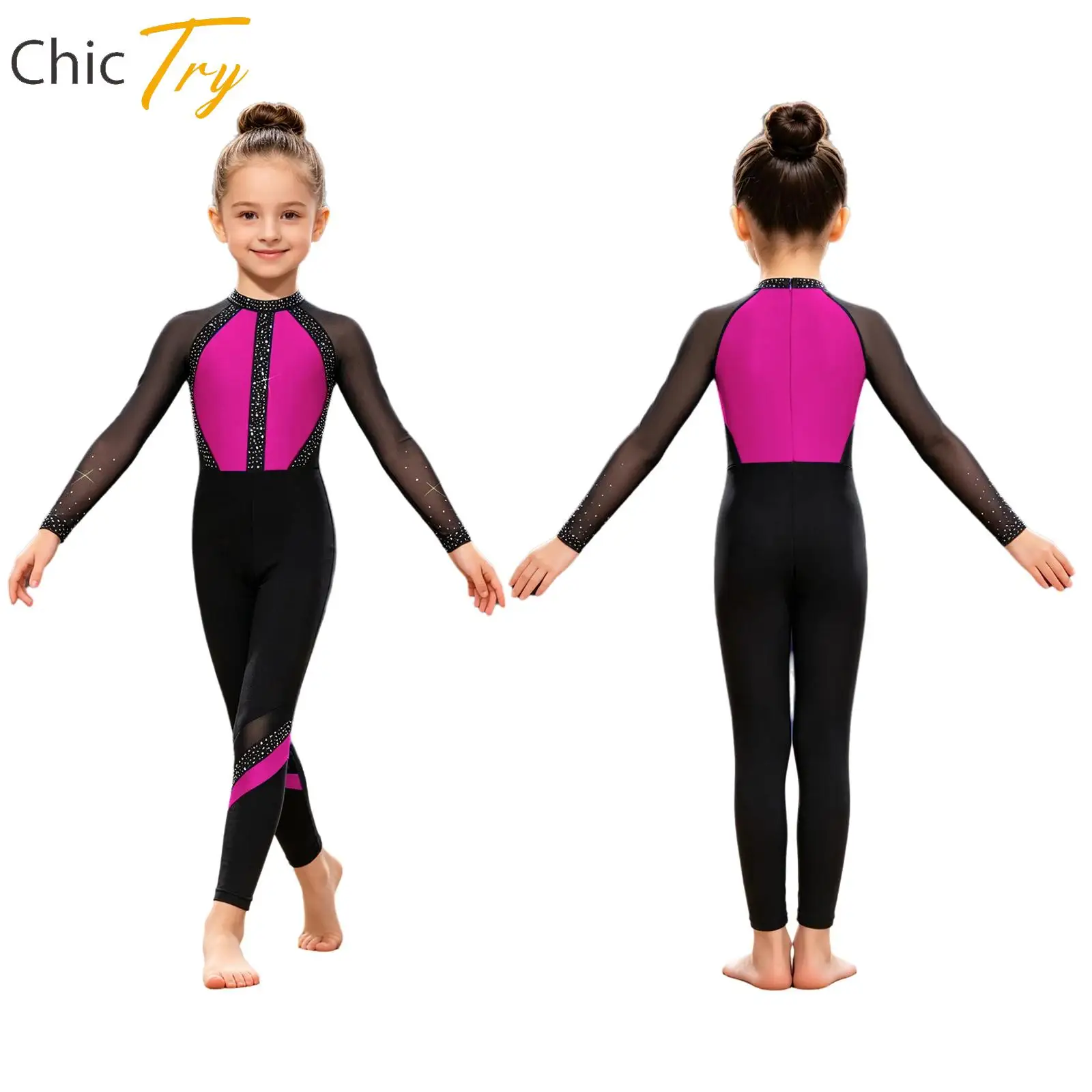 Long Sleeves Gymnastics Dance Jumpsuit for Kids Girls Mesh Color Block Rhinestone Ballet Dance Leotard Skating Bodysuit Costume