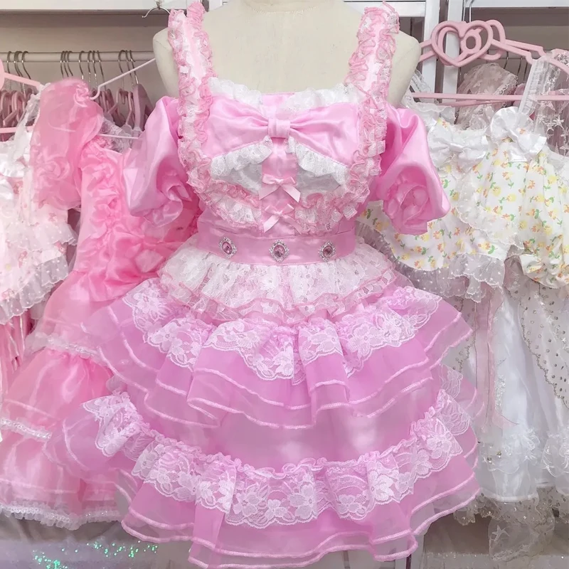 

Sexy Girl Pink Bubble Sleeves Satin Sissy Dress Maid COS Cosplay ABDL Bowknot Lace Ruffle Sweet Princess Tulle Puffy Dress