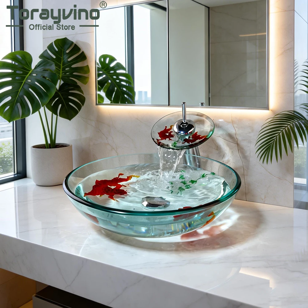 

Torayvino Round Tempered Glass Bathroom Basin Sink Deck Mounted Washbasin Vessel Vanity Waterfall Faucet With Pop up Drain Set