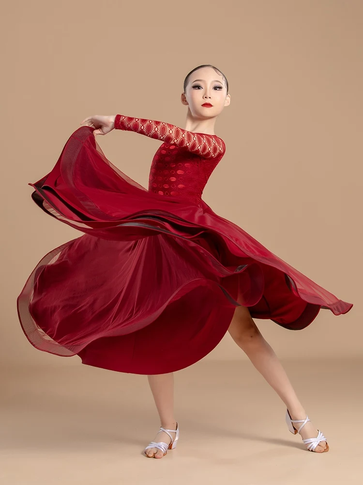 2024 New National Standard Dance Clothing For Girls Red Lace Sleeved Bodysuit Big Swing Skirts Ballroom Dance Costumes DN17986