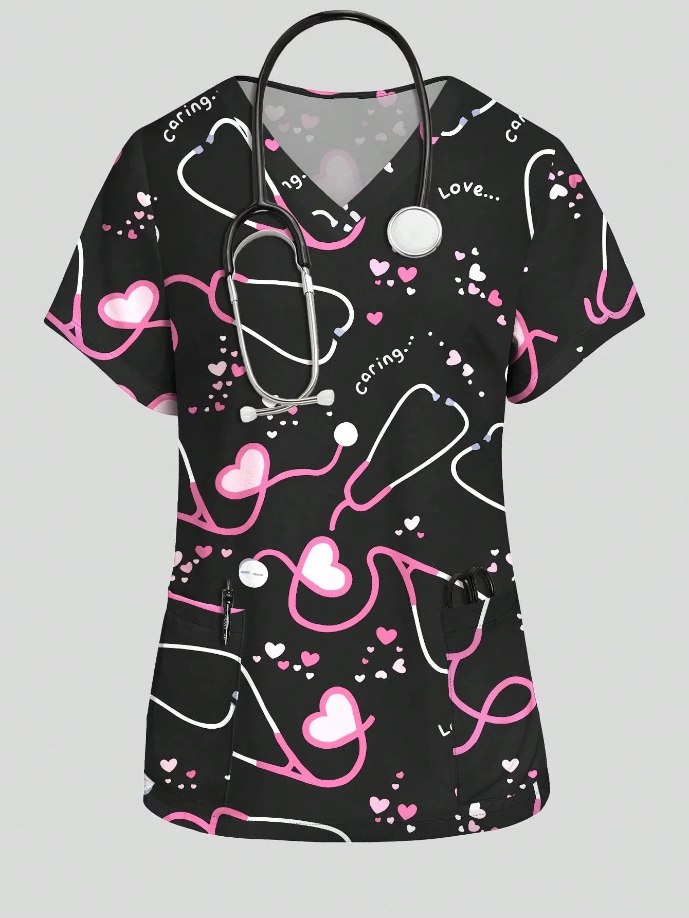 Women's Commuter Outfit Dental & Pet Shop T-shirt Floral Print Women's Grooming Uniform V-neck Short Sleeve Pocket Frosted Top