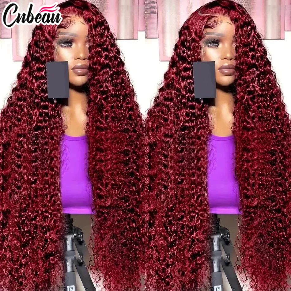 

40 inch13x6 Deep Wave Frontal Wigs Human Hair Hd Transparent 99j Burgundy 13x4 Front Wig Red Colored Kinky Curly 4x4 Glueless