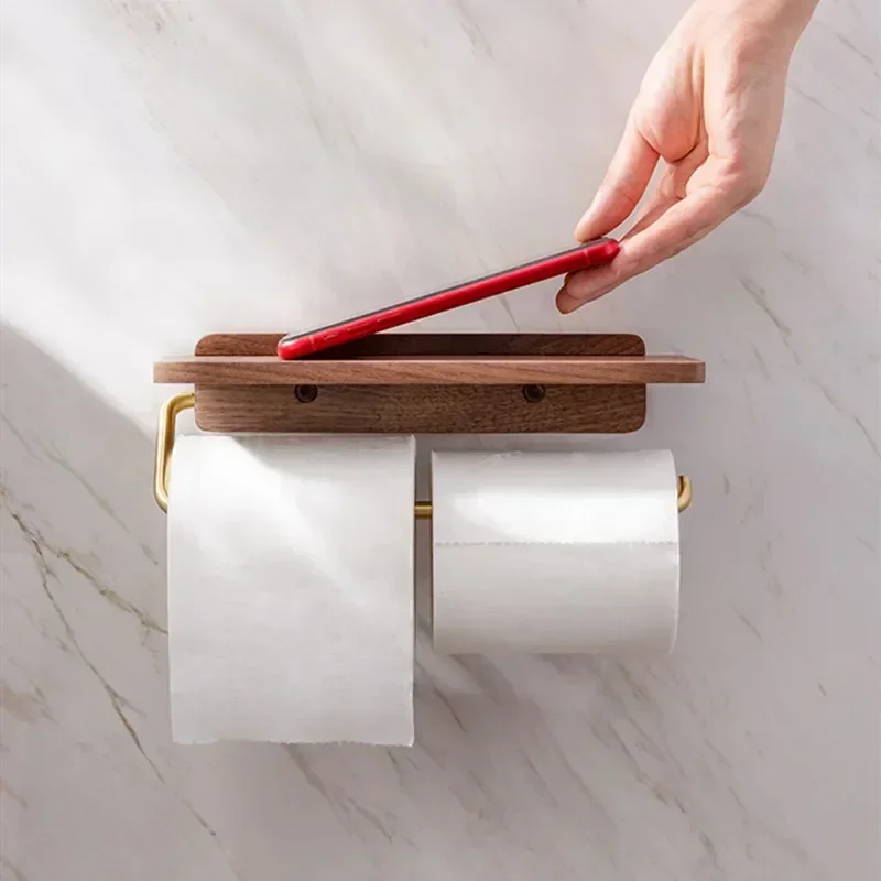 Punch-free Solid Wood Tissue Holder Restroom Wall Paper Towel Holder Toilet Paper Storage Stand Shelf Bathroom Accessories