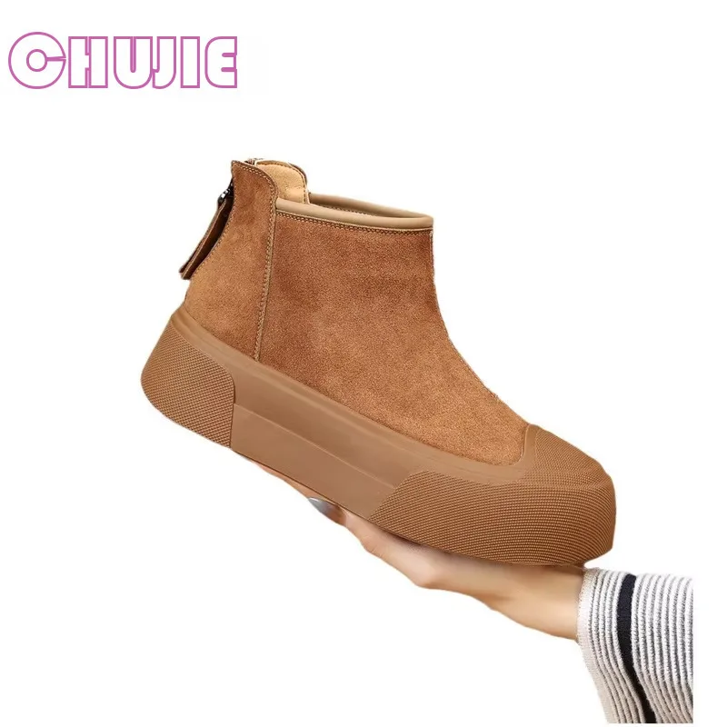 CHUJIE Women's Fashion Hick Soled Suede Short Boots Women's Versatile Height Increasing Snow Boots Back Zipper Cotton Shoes