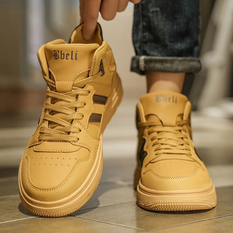 

Winter High-Top Men's Shoes Versatile Wheat Color Casual Sporty Trendy Air Force AJ One Shoes Comfortable Breathable PU Leather