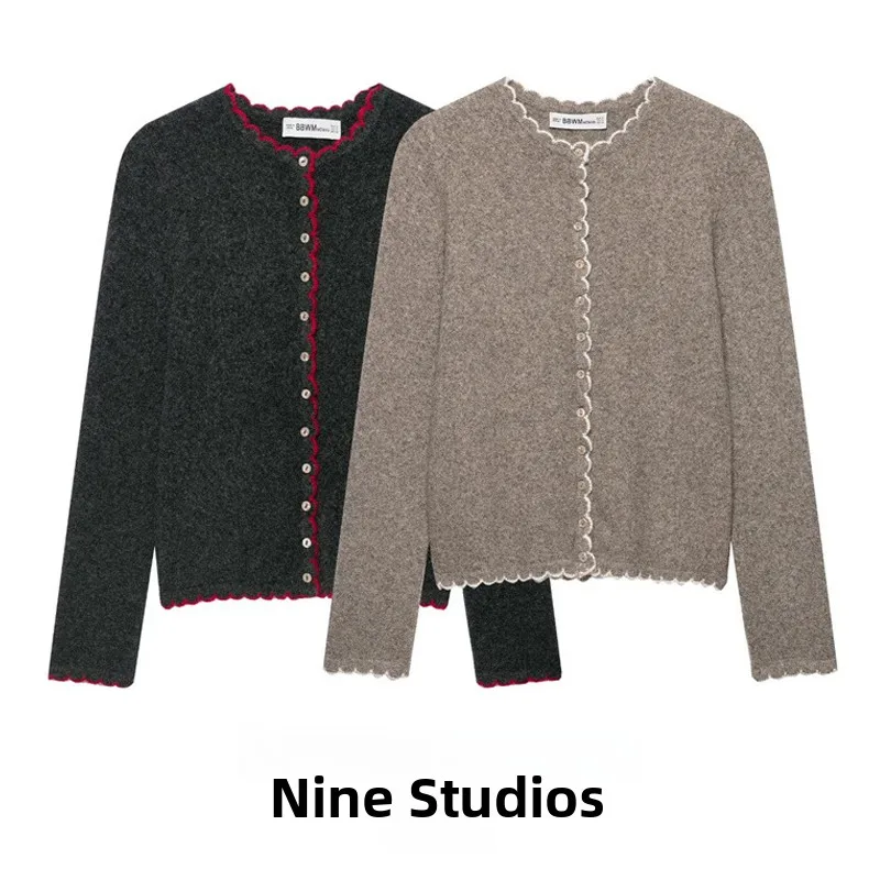 NINE ZAR Women's Knitted Cardigan round Neck Color Block  Design Long Sleeve Winter Fashion Outerwear Open Front Coat