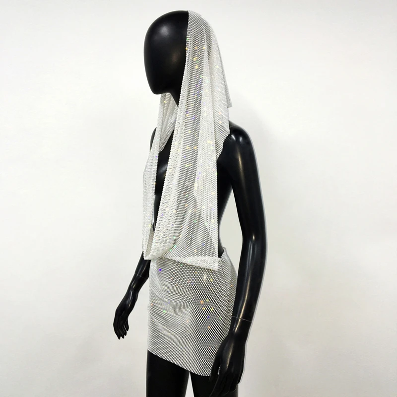 Damen Strass-Netzkleid mit Kapuze, sexy Kristall-Fischnetz-Zweiteiler-Set, Rock-Set für Nachtclub, Party, Festival, Rave-Outfits, Kleid für Damen – Detail 11