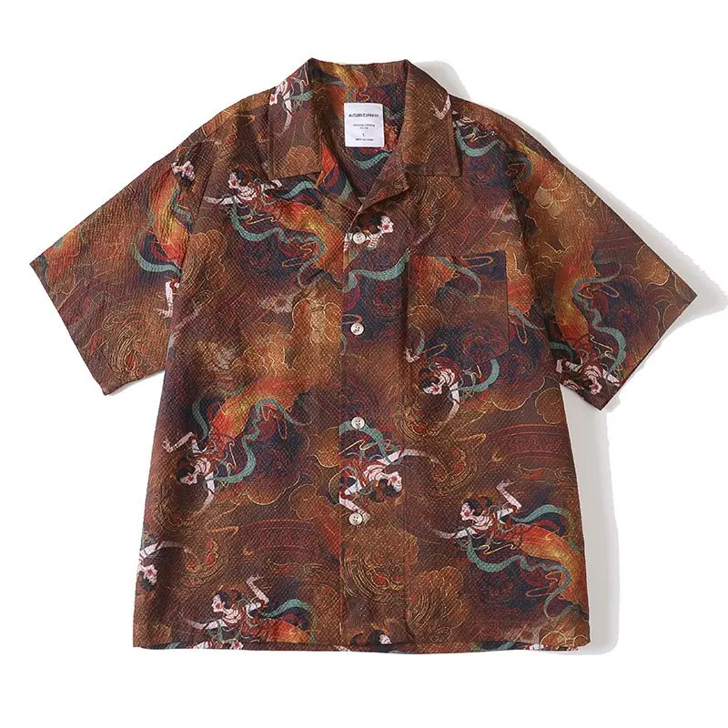 Summer Streetwear Cool Seersucker Shirts Men Retro Cuban Collar Fashion Loose Casual Short Sleeve Hawaii Beach Shirt Blouses