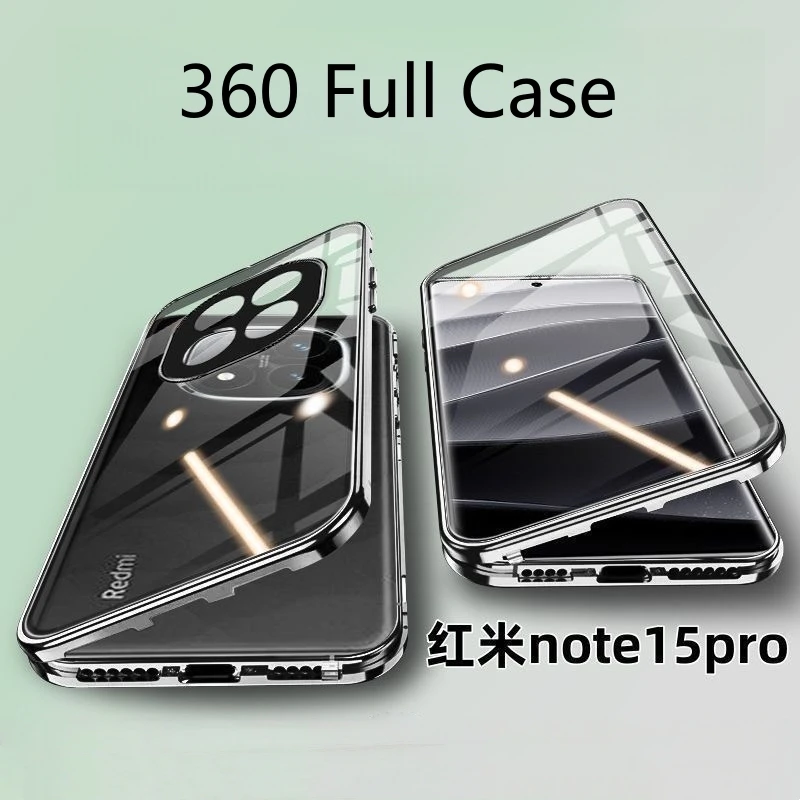 

Полный чехол 360 для Xiaomi Redmi Note 15 Pro 5G, двухсторонний магнитный адсорбционный металлический защитный чехол из закаленного стекла