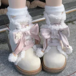 Trendy Mid-term Plush Boots 2024 Winter Plush New Cute Flat Bottomed Round Bow Casual Women's Snow Boots Zapatos Mujer Sneakers