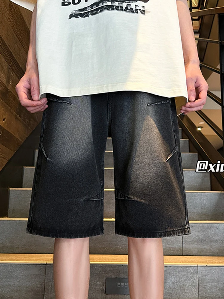 

Retro American Denim orts Men's Summer Trendy Brand Pleated Design Loose Casual Workwear Mid-Length Five-Point Pants