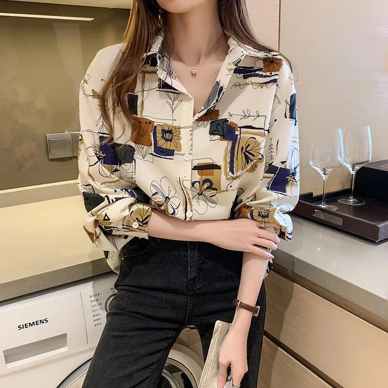 Primavera outono novo estilo coreano tendência impressão botões manga longa chiffon camisa senhoras elegante moda all-match blusa topo feminino