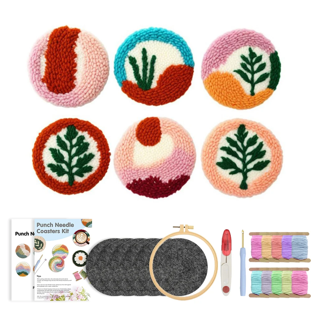 

DIY Punch Needle Coaster Starter Kits Flowers Needlework Wool Poke Magic Embroidery Needle Kit Yarn for Beginners Home Decor
