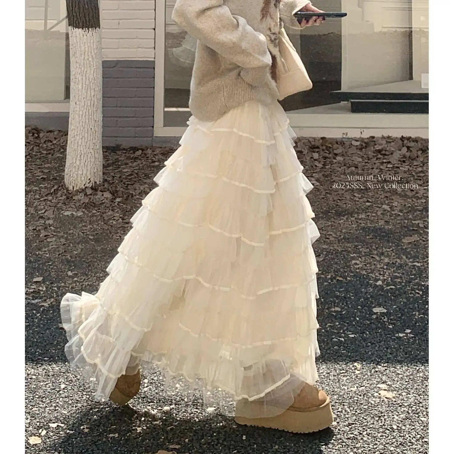 Sweet Apricot Lace Skirt High Waist Tulle Splice Cake Skirt Women's Autumn New Puffy Skirt Half-length Skirt Casual Style