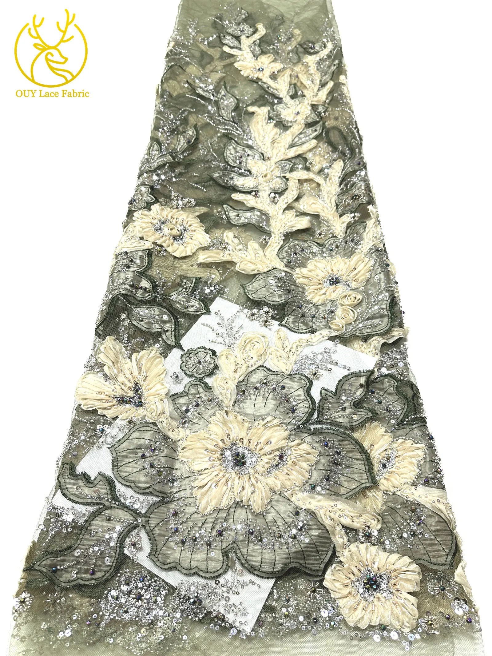 Marineblauer, wunderschöner afrikanischer Spitzenstoff mit Perlen und Pailletten, 3D-Blume, nigerianischer hochwertiger Tüll-Mesh-Spitzenstoff für Ballkleider, 5Y – Detail 16