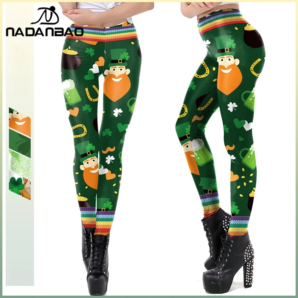 

Nadanbao St. Patrick's Day Leprechauns Clover Print Leggings Women Soft Sexy Tights Funny Casual Pants Lady Gym Yoga Trousers