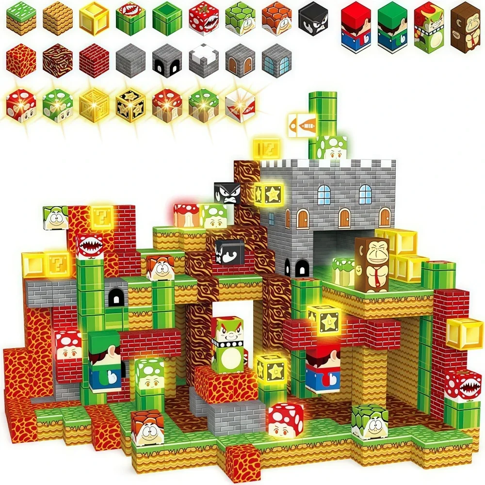 Bloques de cubos magnéticos para niños, juego de palabras magnéticas de Mario, juguetes de bloques de construcción magnéticos, juego divertido y educativo