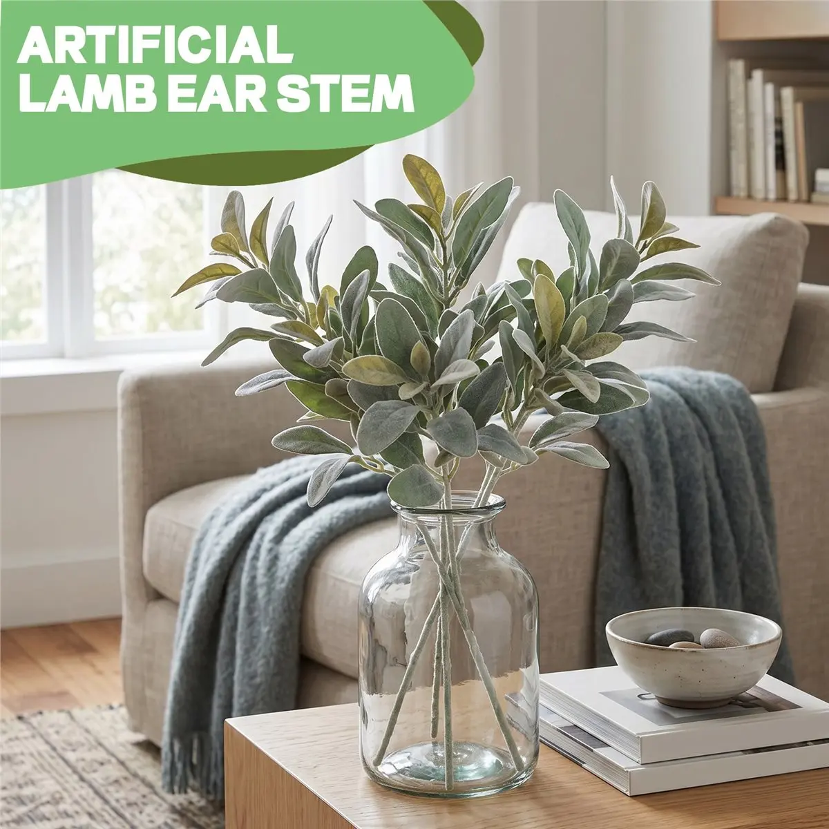 AA77 NEW Faux Lambs Ear Stems 5Pcs Flocked Artificial Greenery Solid Fake Ear Leaves for Home Wedding DIY Craft