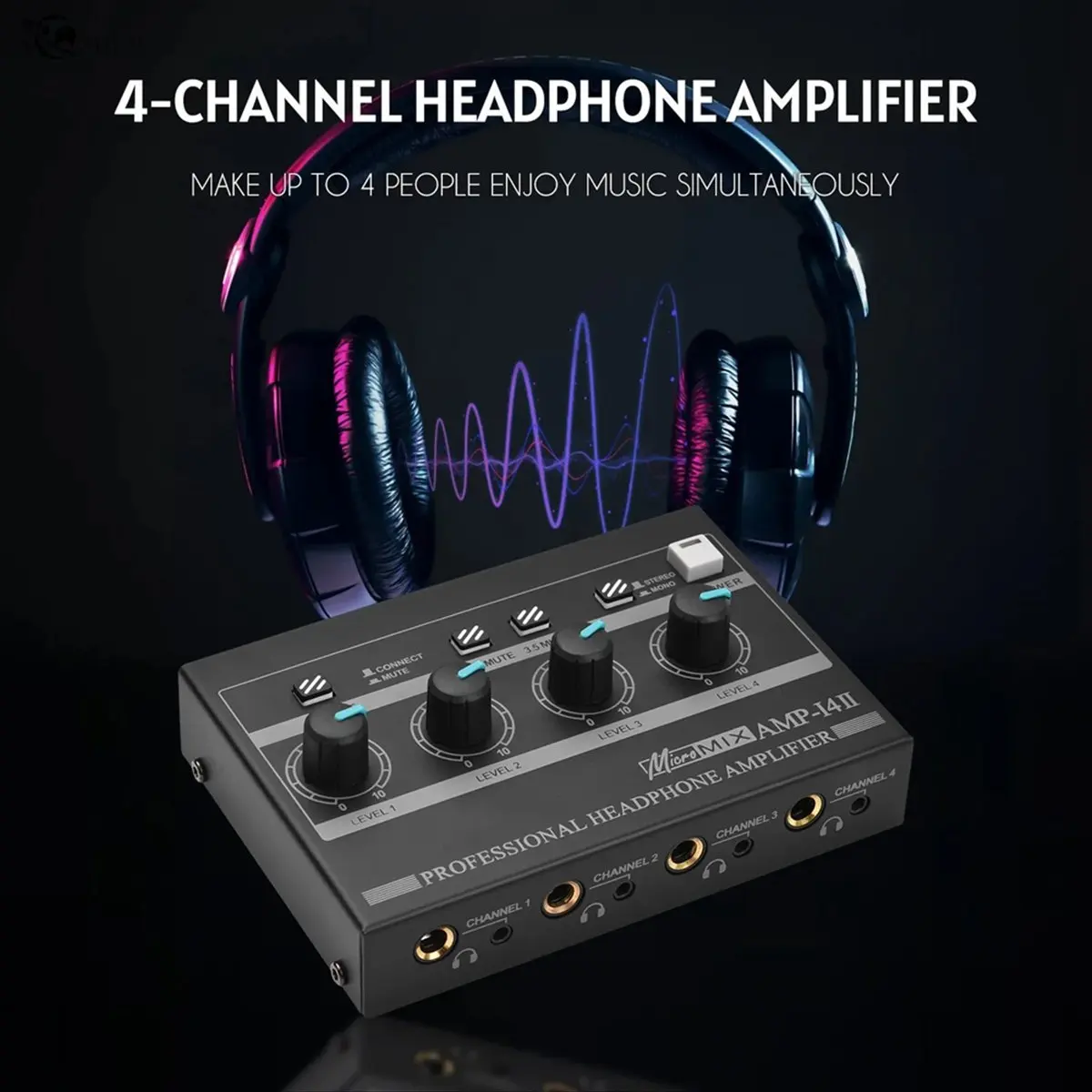 T28C AMP‑I4Ⅱ Professional 4 Channel Headphone Amplifier Audio Compact Stereo Amp+6.35mm 3.5mm Input Volume Control EU Plug