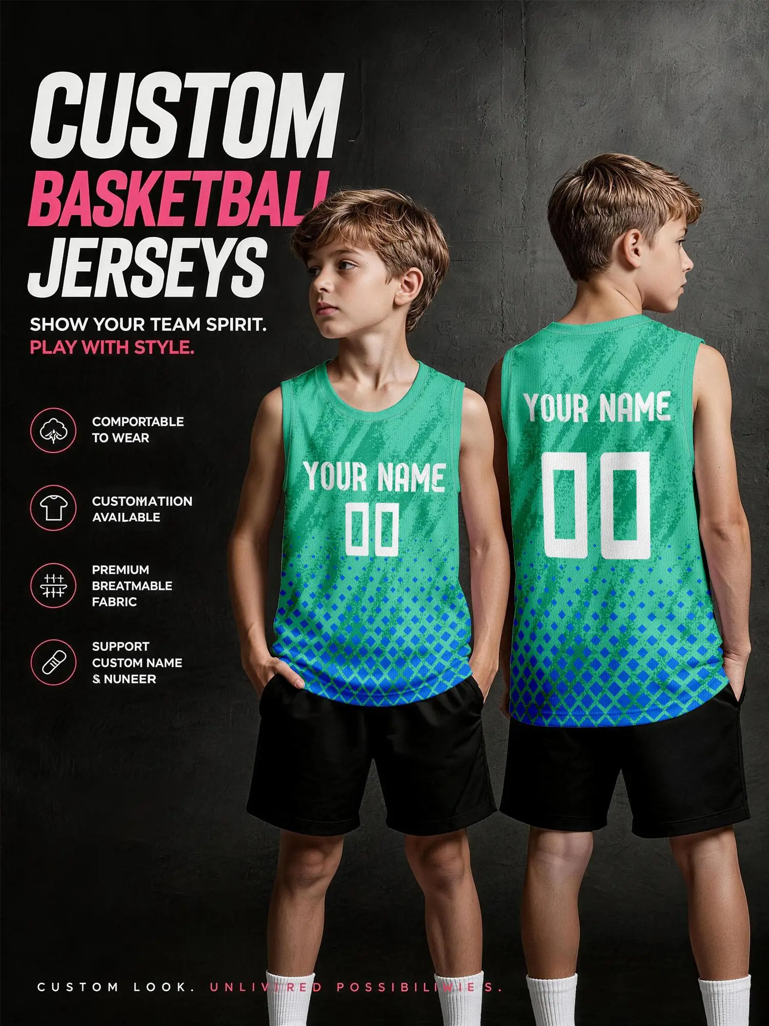 Green‑Blue Diamond Gradient Custom Basketball Jersey, Adults Kids Name Number Print Quick‑Dry Set