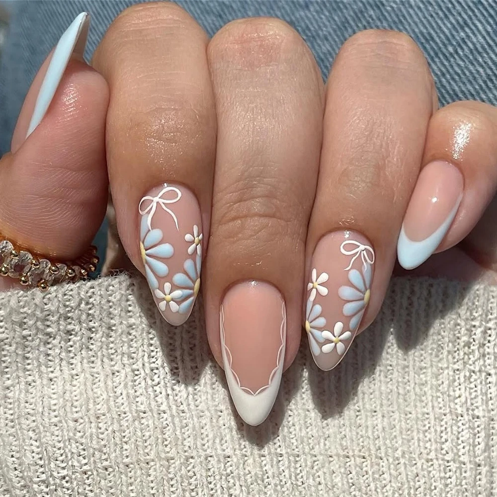 Roze Paarse Bloemen Witte Strik Franse Nail Art Zomermode Amandel Valse Nagel Afneembare Afgewerkte Nepnagels Druk op nagels