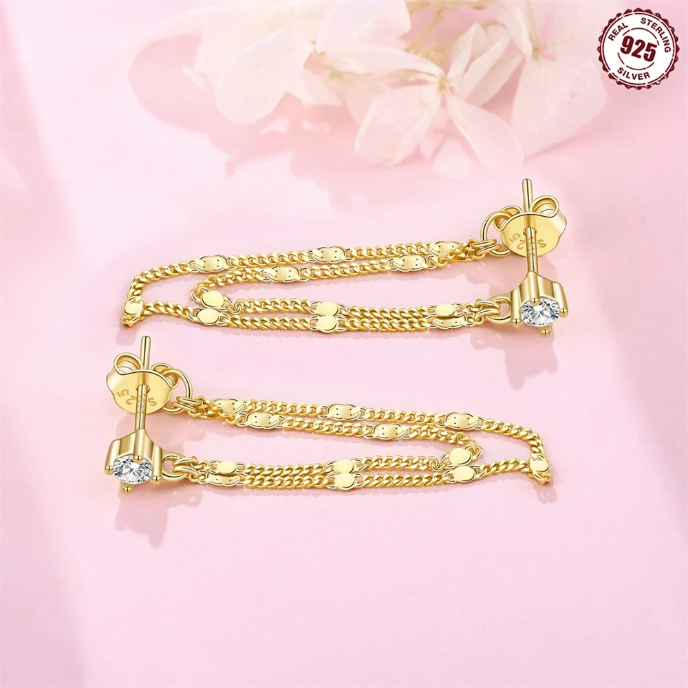 Original 925 Sterling Silver Earrings Zircon Shiny Bohemian Earrings Golden Simple Fringed Earrings Woman Jewelry Valentine Gift