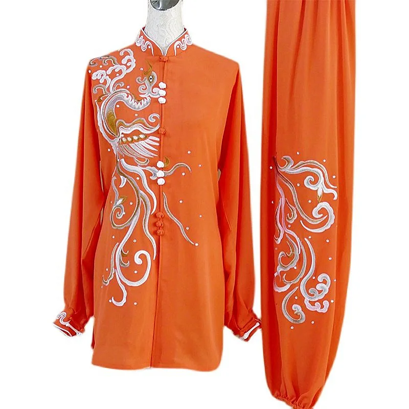 New Orange Silk Linen Mid-Length Tai Chi Uniform Women Kung Fu Practice Suit Dragon Embroidery Team Performance Summer Costume