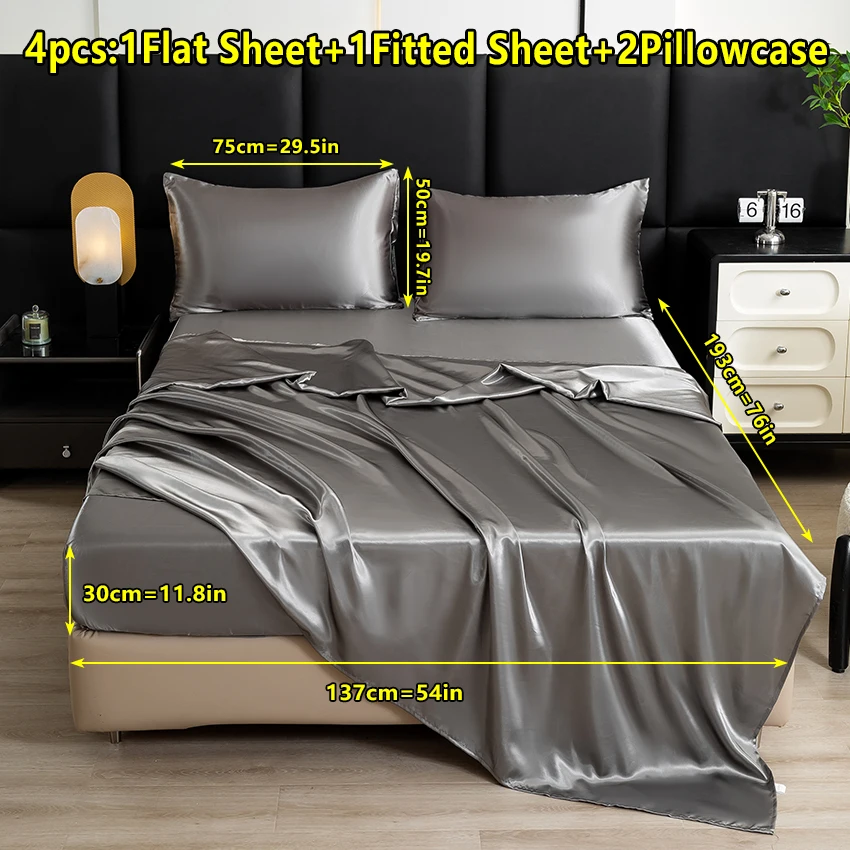【Mother's Day Gift】4-Piece Set of Solid Color Satin Bed Sheet Set (1 Flat Sheet + 1 Fitted Sheet + 2 Pillowcases), Luxurious and Soft, with a Natural Luster, Skin-Friendly and Breathable Bedding