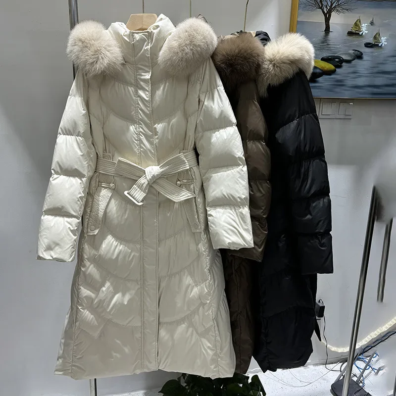 2024 Winter Women Down Coat Slim Fit Waisted Big Fox Fur Collar Mid-length Warm Hooded Thicker Down Jacket Warmer Outwear