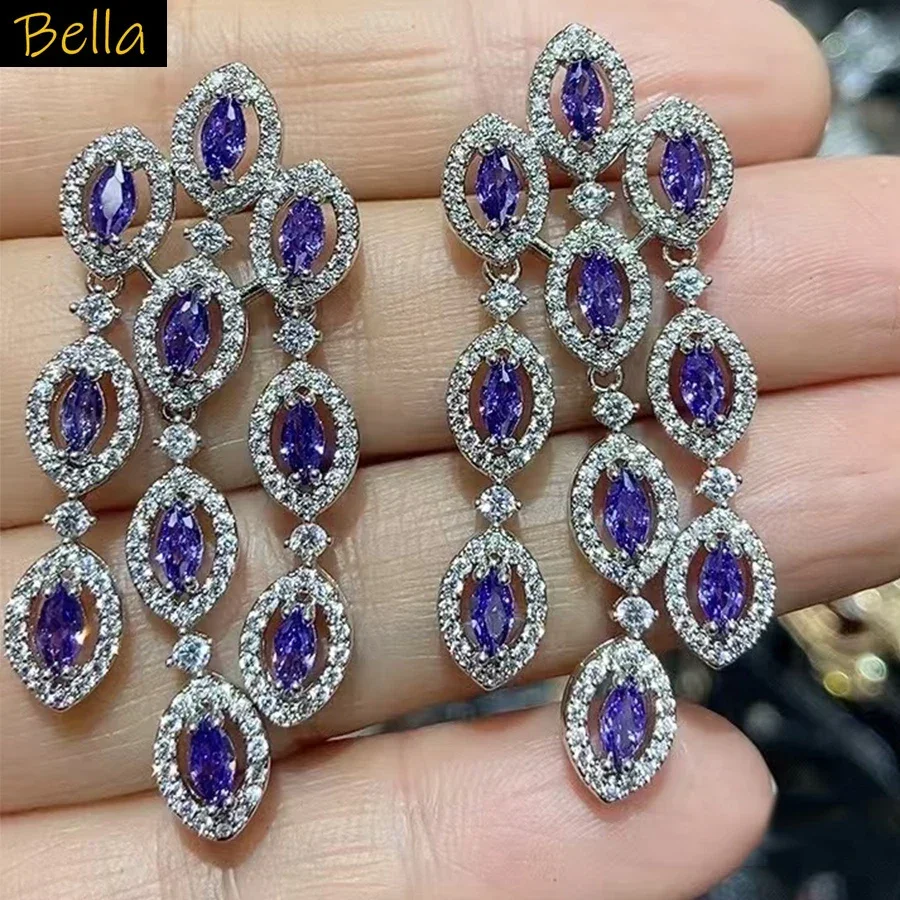 

Women Earrings Orange Blue Purple Zircon Shiny Wedding Evening Party Luxury Jewelry Water Drop Dangle Tassel Earrings Gift