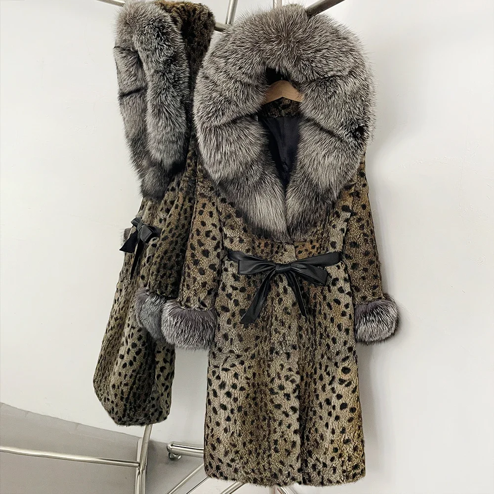 OFTBUY Kapuzenjacke mit Gürtel, Damen, Neu, warm, mit natürlichem Fuchspelzkragen, Winterbekleidung, Damen, Leopardenmuster, echter Kaninchenpelzmantel. – Detail 14