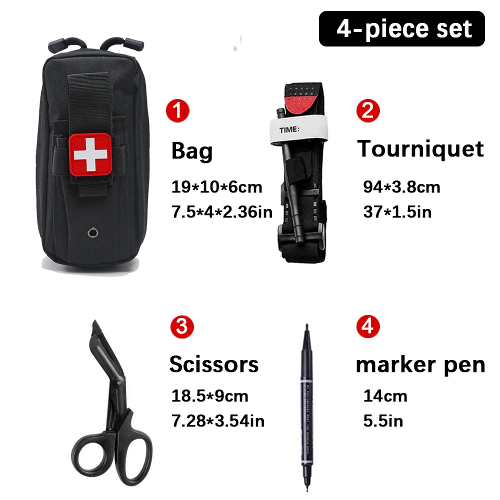 Profesjonalna apteczka z opaską uciskową, torba medyczna EDC Molle, narzędzie survivalowe na kemping, wędrówki i sytuacje awaryjne.