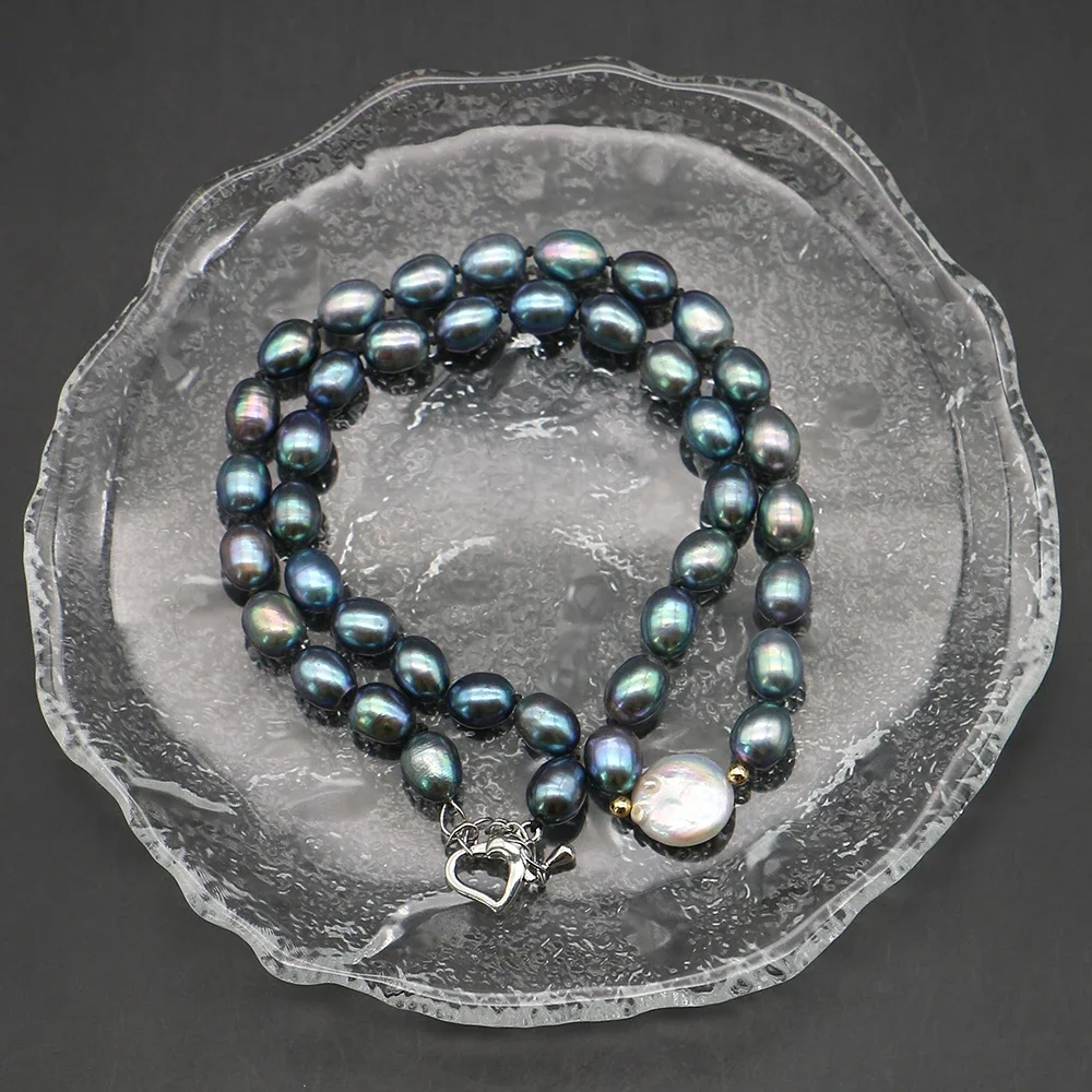 

Light Luxury Natural Freshwater Black Iridescent Rice Pearls Straight-hole Finished Necklace Elegant High-end Jewelry Souvenir