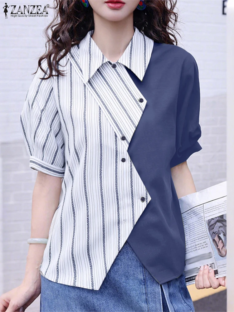 Camicie da donna alla moda ZANZEA 2025 Camicetta estiva Elegante camicia da lavoro OL Collo con risvolto Manica corta Blusas Stripe Patchwork Top Femme