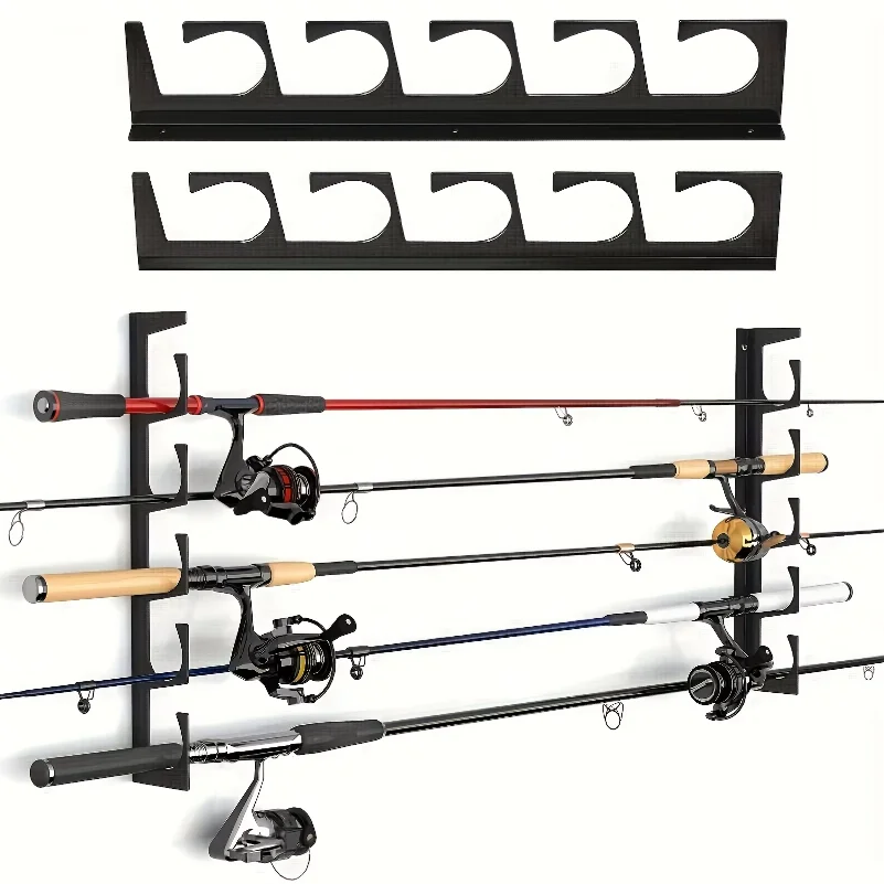 2pcs of storage racks for 5 fishing rod racks installed on the wall and garage ceiling, suitable for most fishing rods.