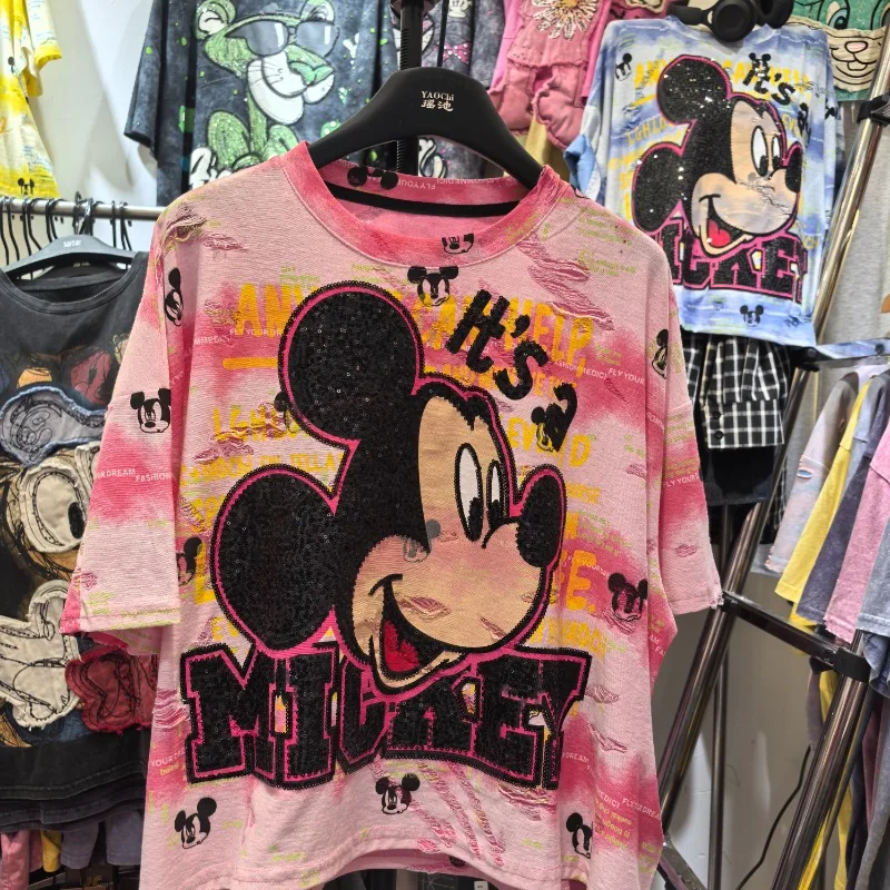 

Высокое качество, модная брендовая летняя футболка большого размера с отверстием Tie Dye, корейская версия, модная свободная повседневная женская футболка, уменьшающая возраст