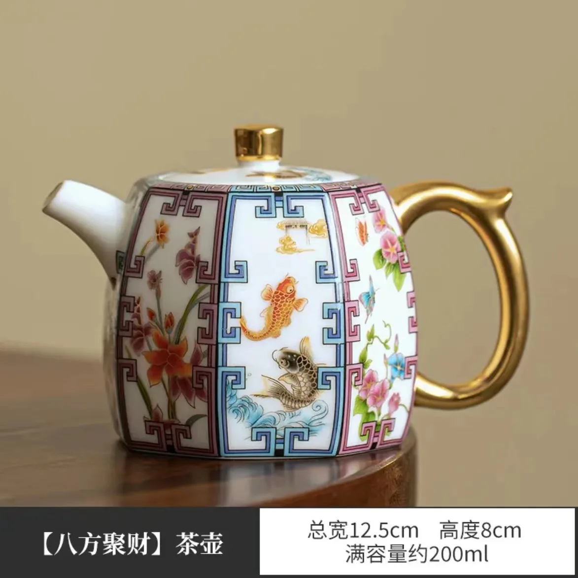 

High-end eight party Jucai pot Dehua ceramic enamel color tea pot household handle pot kung fu tea set tea set