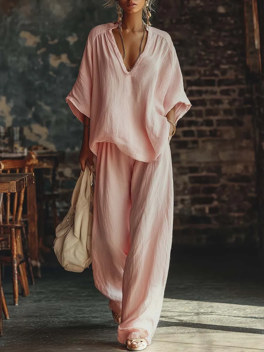 

2026 Summer Fashion New Women's Set Commuting Style Loose V-neck Half Sleeve High Waist Wide Leg Pants Two Piece Set