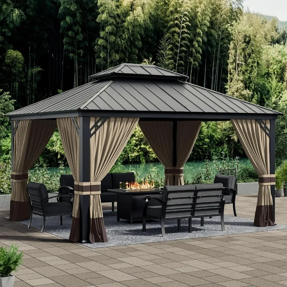 

Hardtop Gazebo Double Roof,12x14ft Outdoor Pavilion with 2-Layer Iron Frame Garden Tent, Suitable for courtyards, backyards