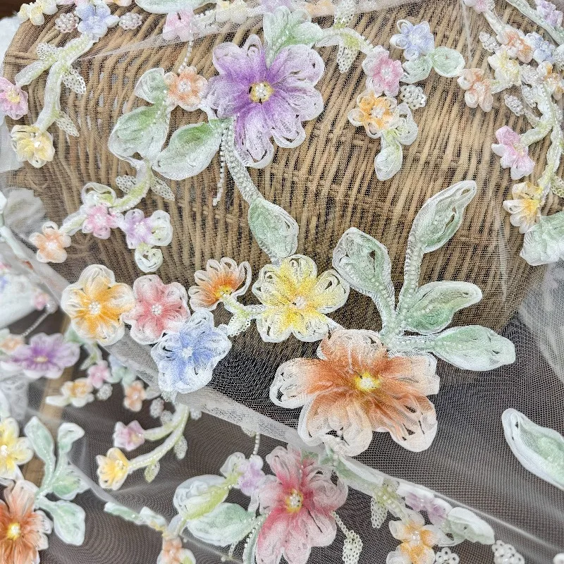 Premium Beaded Lace Fabric 3D Floral Embroidery for Cheongsam Wedding Dress Craft Supplies