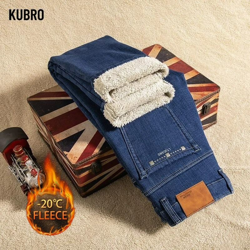 

Новинка 2025, осенне-зимние мужские прямые эластичные джинсовые утепленные бархатные брюки, термоджинсы, повседневные флисовые брюки, мужские большие размеры