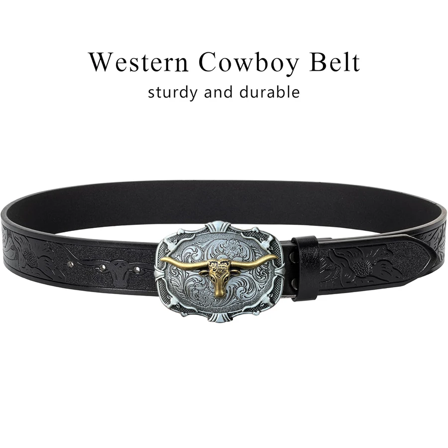 1 x Herren-Gürtel im Western-Cowboy-Stil, langes Stierhorn aus Zinklegierung, Musterschnitzerei, Blumen und lange Horndekoration, Retro-Stil