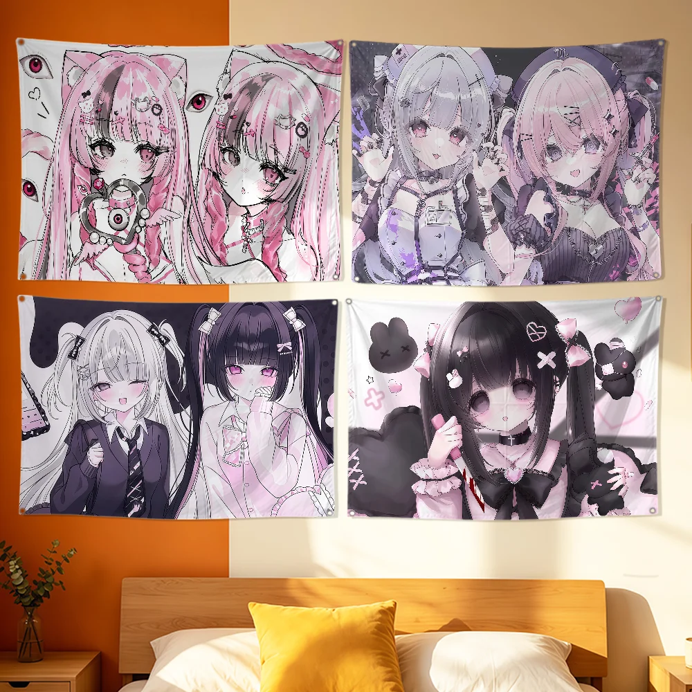 Kawaii Mine-style Girls Flag Polyester Printing Banner For Bedroom Living Bar Garden Camping Garage Wall Art Out Door Decoration