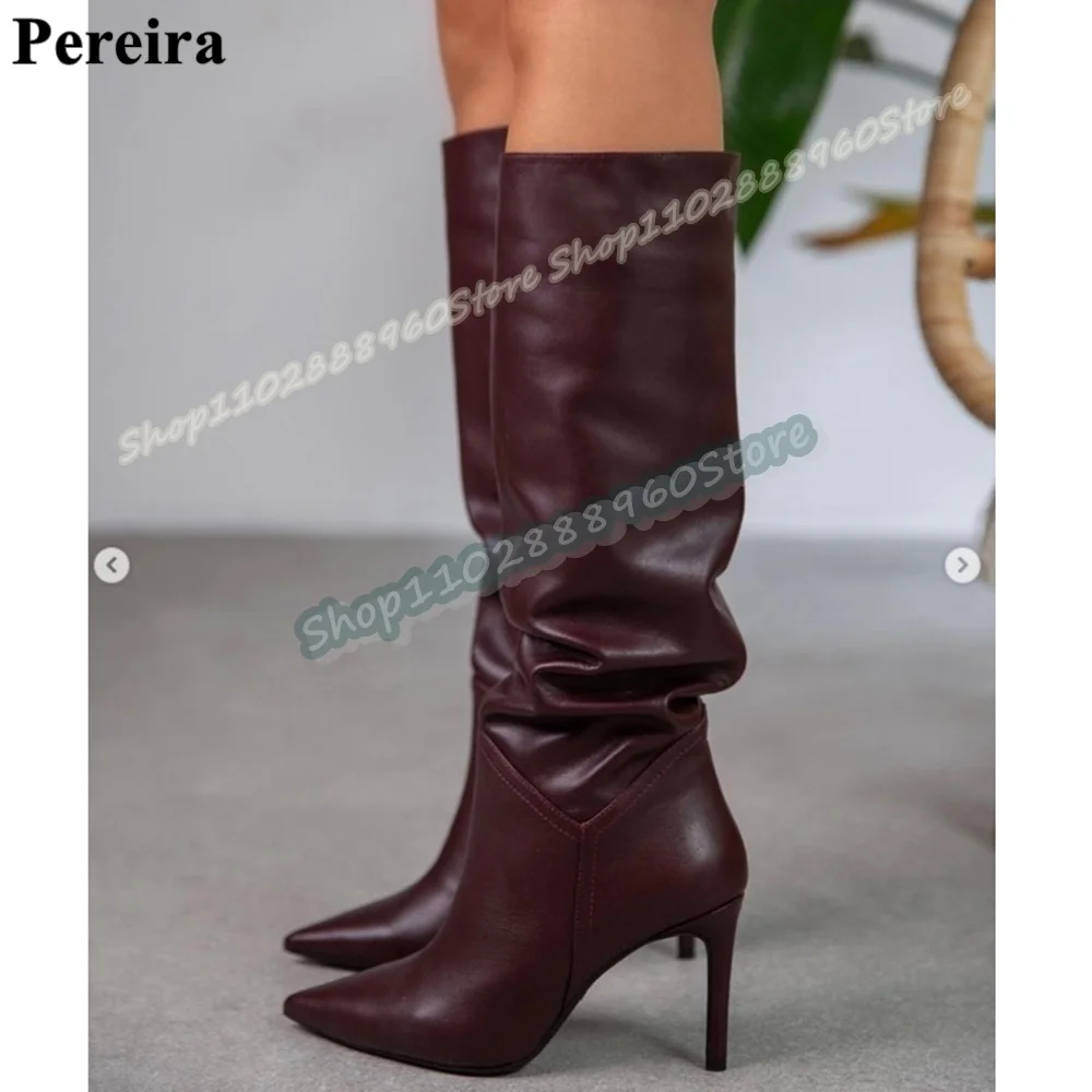 

Knee High Dark Brown Soft Matte Leather Pointy Boots Thin High Heel Women Shoes Slip On Pointed Toe Casual Zapatos Para Mujer