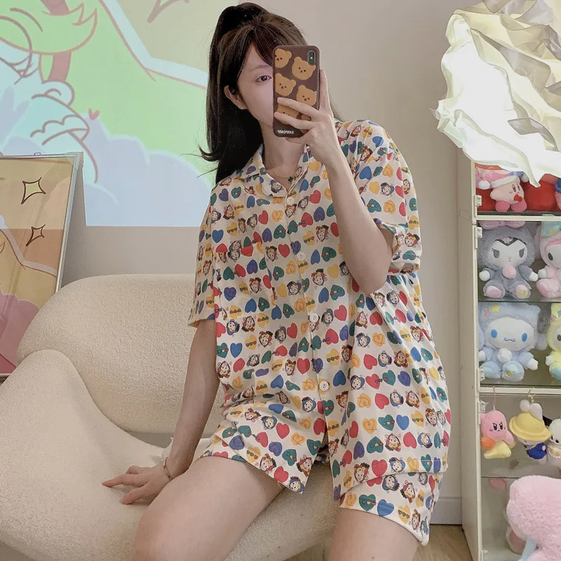 

Genji Harada Cartoon Pajamas Women's Summer Pure Cotton Short Sleeved Shorts Thin Summer Cute Home Clothing Set