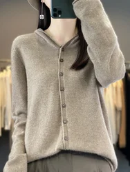 Spring Autumn 100% Merino Wool Women's Cardigan Sweater New Long Sleeve Cashmere Knitwear Casual Hoodie  Korean Popular Clothing