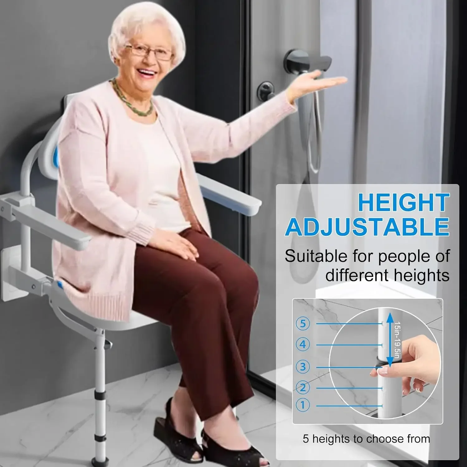Wall Mounted Folding Shower Chair, 550 lb Load Capacity Folding Shower Chair with Backrest Home Nursing Chair Upholstered Seat H