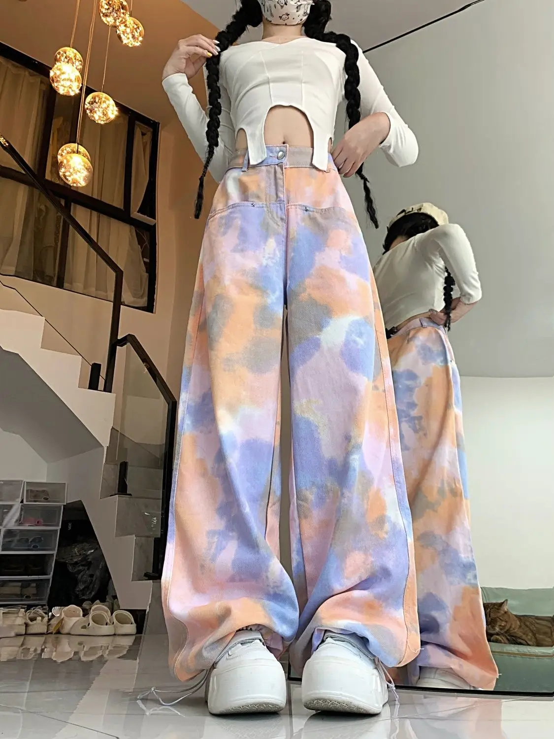 Printed Rainbow Blend Work Pants for Women Retro High Street Heavy Industry Casual Wide Leg Pants